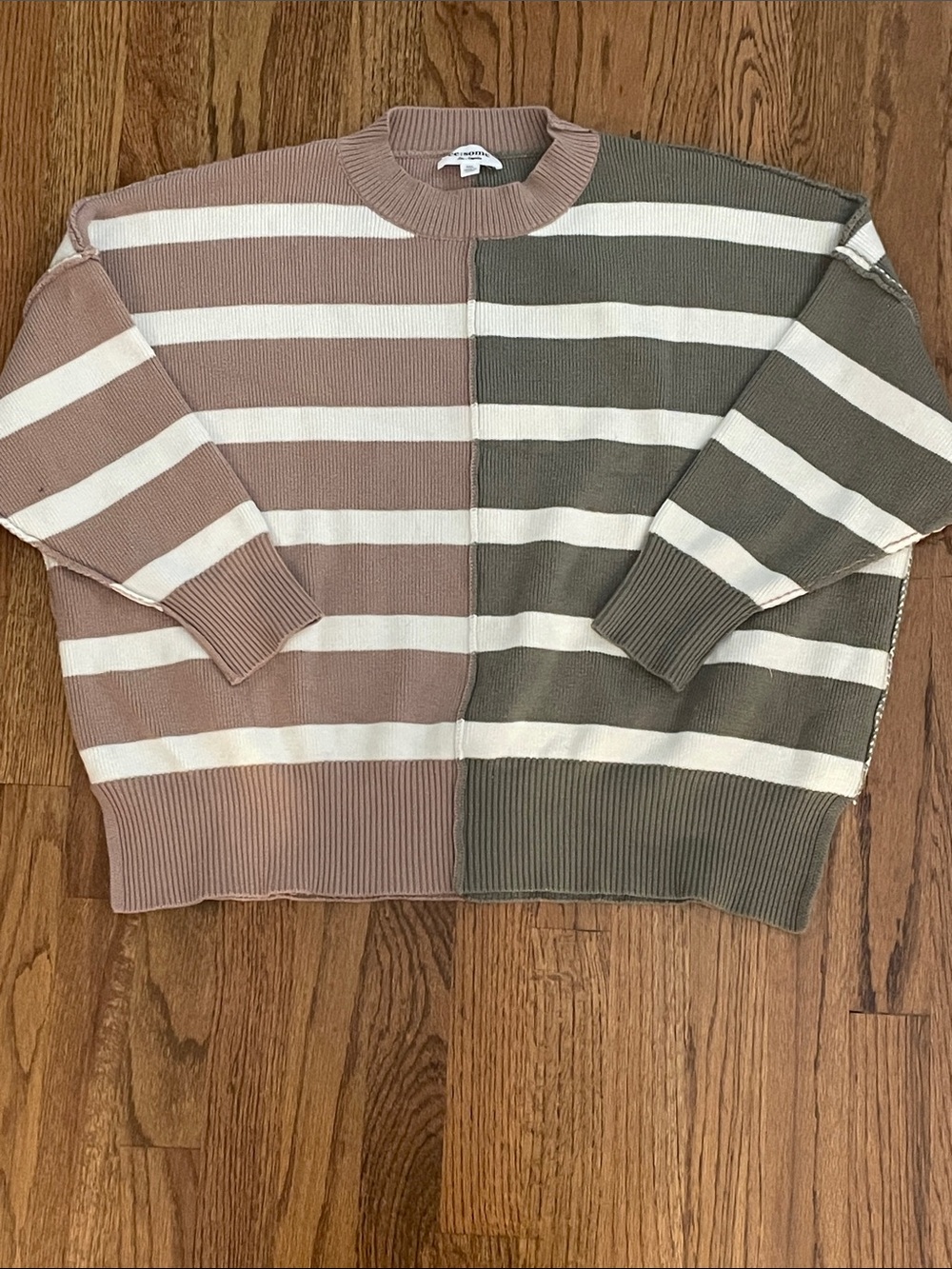 Striped Colorblock Crewneck Sweater - Tan & Olive. M/L